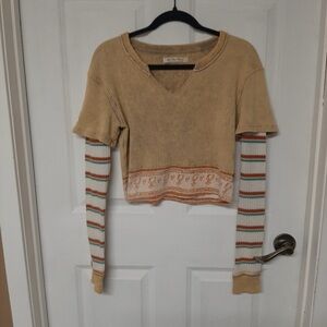 We The Free Tan Crop Top with Striped Sleeve size S
